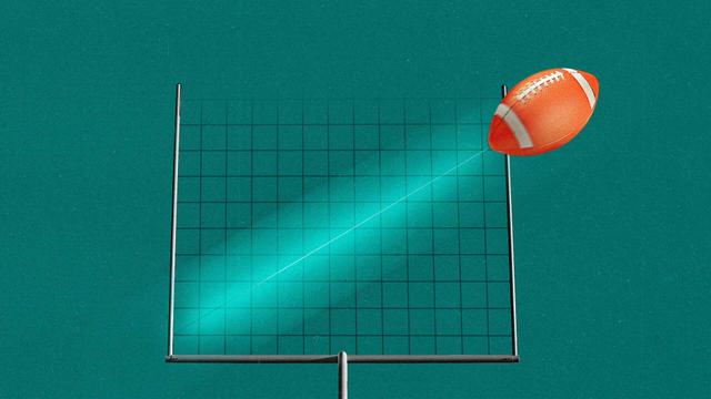 A collage-style illustration showing a line graph framed by a football goal post, and a football moving at an upward trajectory over the graph.